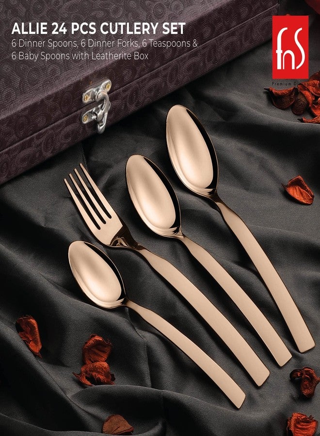 FnS Stainless Steel Rose Gold Cutlery Set with Leatherette Box -Allie 24 pc(6 Dinner Spoon, 6 Dinner Forks, 6 Teaspoon, 6 Baby Spoons) - Image 2
