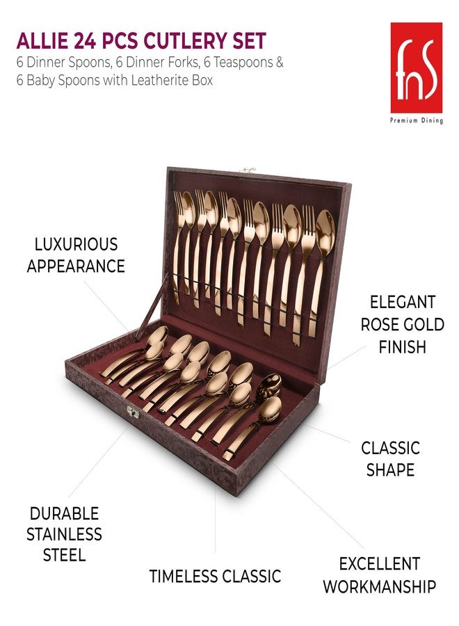 FnS Stainless Steel Rose Gold Cutlery Set with Leatherette Box -Allie 24 pc(6 Dinner Spoon, 6 Dinner Forks, 6 Teaspoon, 6 Baby Spoons) - Image 4