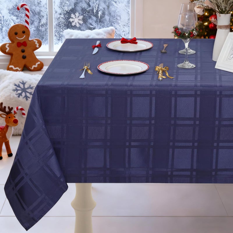 JUCFHY Soild Plaid Jacquard Table Cloth Elegance Wrinkle Resistant Contemporary Woven Decorative Table Cover Spillproof Soil Resistant Holiday Tablecloths 60 X 104 Navy Blue