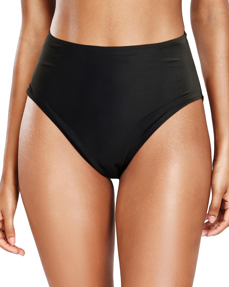Tempt Me Womens Black High Cut High Waisted Bikini Bottoms Tummy Control Bathing Suit Bottoms Swim Bottom Swimsuit Bottom M - Image 1