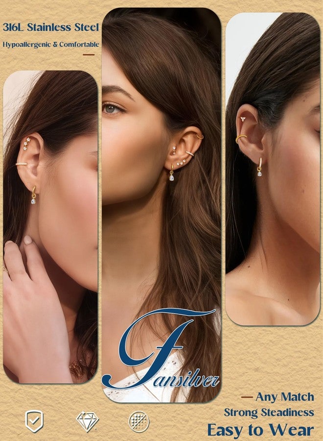 Fansilver Hypoallergenic Gold Stud Hoop Earrings for Women Surgical Steel Flatback Stud Earrings Gold Hoops With CZ Charms Dangle Chain Earring Stacks Cartilage Earring Sets for Multiple Piercing - Image 5