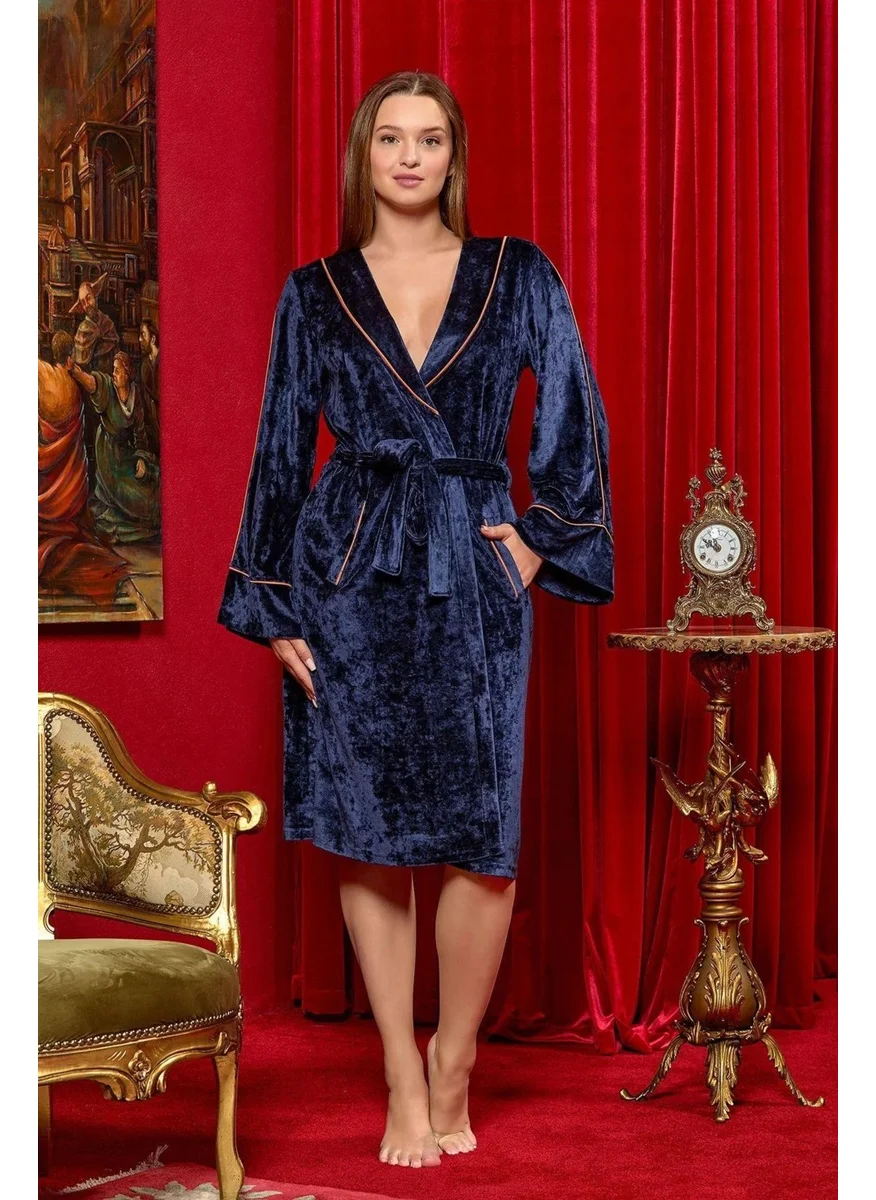 Cossy By Aqua 25084 Women's Shawl Collar Velvet Dressing Gown-Navy Blue