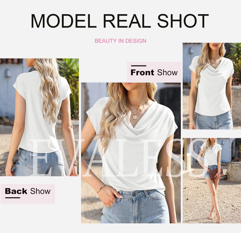 EVALESS Shirts for Women Fashion 2026 Business Casual Tops White Blouses for Women Dressy Cute Cowl Neck Short Sleeve T Shirts Summer Outfits Professional Work Clothes Sexy Off Shoulder Top, X-Large - Image 5