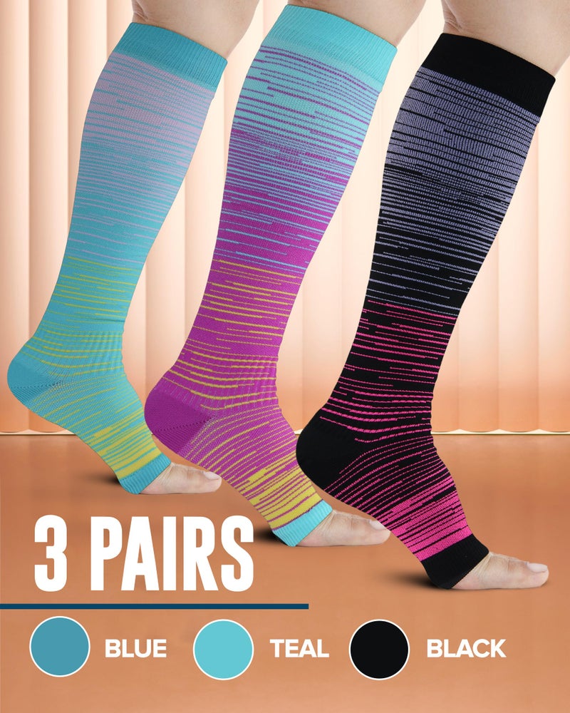 Doctor's Select 3 Pairs Copper Toeless Compression Socks for Men - 20-30 mmHg Open Toe Compression Socks No Toes, Knee High, Line Patterns - Image 3