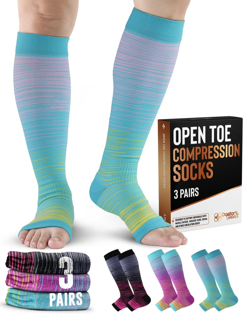 Doctor's Select 3 Pairs Copper Toeless Compression Socks for Men - 20-30 mmHg Open Toe Compression Socks No Toes, Knee High, Line Patterns - Image 1