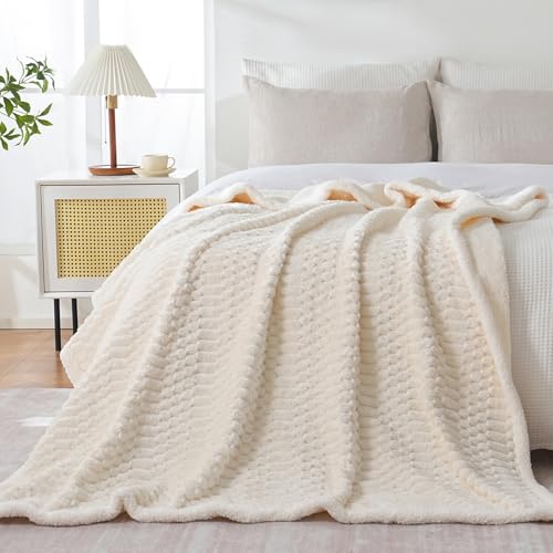 Gracelife Sherpa Throw Blanket for Couch Flannel Cozy Soft Thick Blanket Warm Twin Blanket for Bed Fleece Home Decor Gifts, Z01 - White, 60"*80" - Image 5
