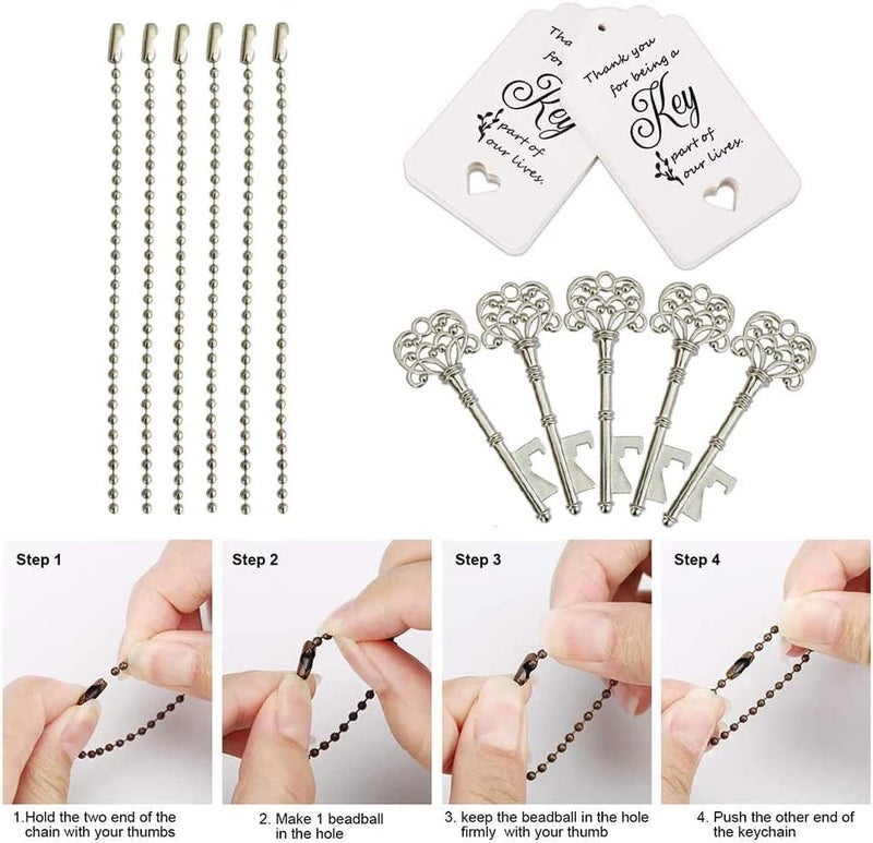 WODEGIFT 100 PCS Wedding Favors Bottle Opener,Wedding Gifts for Guest Vintage Skeleton Key Opener,Key Openers with Escort Tag Cards and Chains (Silver) - Image 4