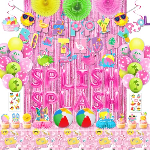 FINDRICH 59Pcs Splish Splash Birthday Decorations Pool Birthday Party Decorations Happy Birthday Banner Beach Ball Cake Topper for Kids Swimming Water Luau Tropical Hawaii Beach Birthday Bash Party Supplies - Image 1