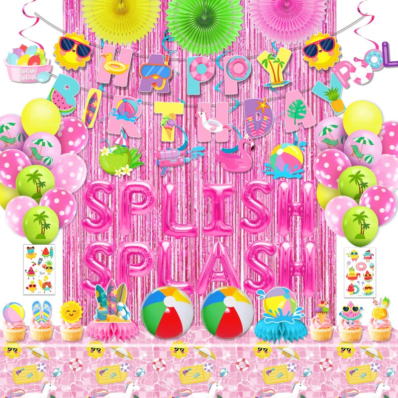 FINDRICH 59Pcs Splish Splash Birthday Decorations Pool Birthday Party Decorations Happy Birthday Banner Beach Ball Cake Topper for Kids Swimming Water Luau Tropical Hawaii Beach Birthday Bash Party Supplies - Image 3