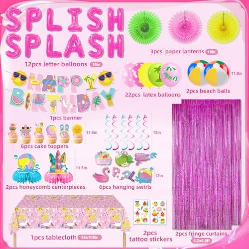 FINDRICH 59Pcs Splish Splash Birthday Decorations Pool Birthday Party Decorations Happy Birthday Banner Beach Ball Cake Topper for Kids Swimming Water Luau Tropical Hawaii Beach Birthday Bash Party Supplies - Image 5