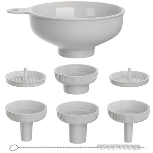 Pisol Wide Mouth Versatile Funnel, Canning Funnels for Kitchen Use, Food Grade Plastic Cooking Funnel Set with 4 Size Spouts and 2 Strainers for Filling Different Bottles and Bags, Grey - Image 1