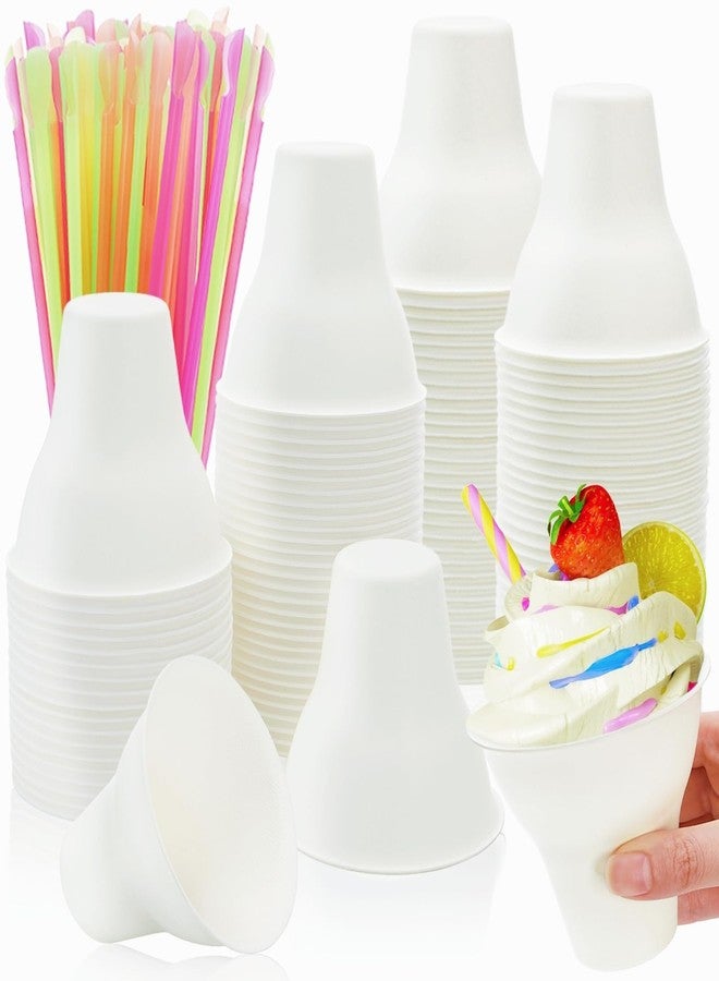 Eorbow 100 Pack Snow Cone Cups and Straws, 12 OZ Paper Cone Cup with Colorful Spoon Straw, Leak-proof Shaved Ice Holder, Disposable Ice Cream Bowls for Party Event Water Cooler - Image 1