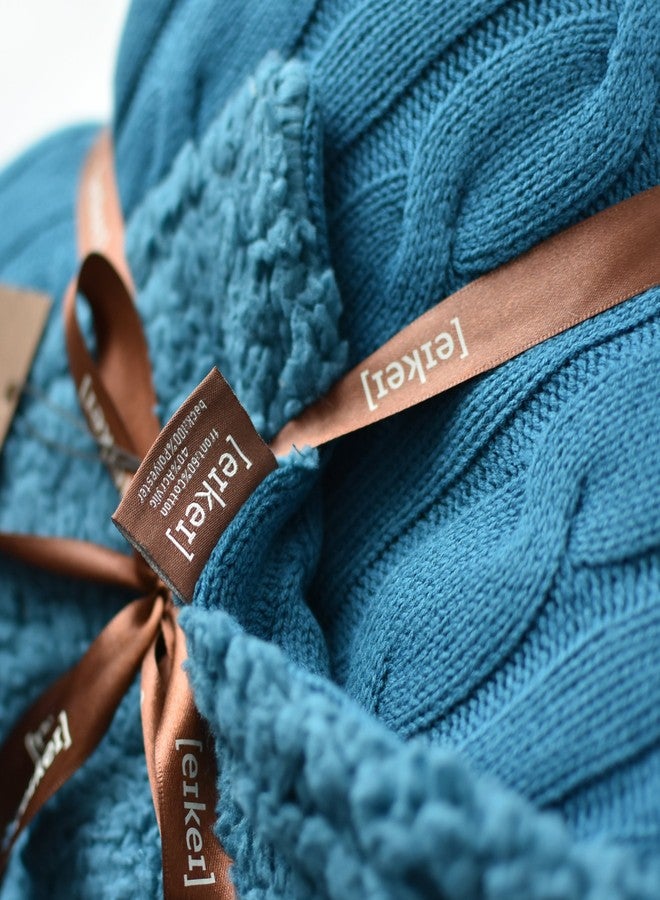 Eikei Cable Knit Sherpa Oversized Throw Reversible Blanket Faux Sheepskin Lined Cozy Cotton Blend Sweater Knitted Afghan in Grey White or Turquoise Blue (Ocean Teal) - Image 2