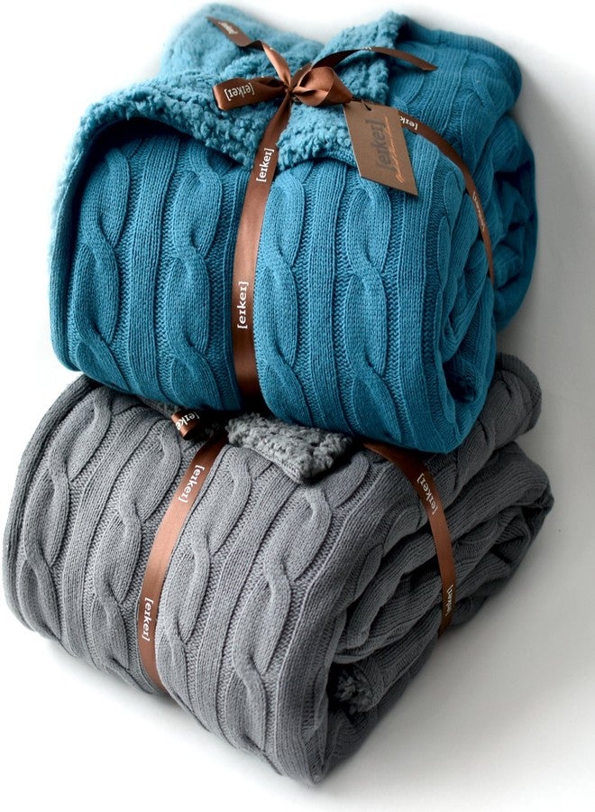 Eikei Cable Knit Sherpa Oversized Throw Reversible Blanket Faux Sheepskin Lined Cozy Cotton Blend Sweater Knitted Afghan in Grey White or Turquoise Blue (Ocean Teal) - Image 3