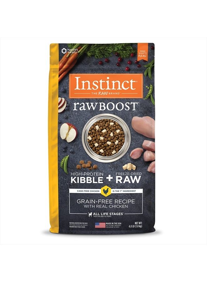 Instinct طعام الكلاب الجاف الطبيعي Raw Boost Grain Free Recipe with Real Chicken، كيس 4 رطل - Image 1