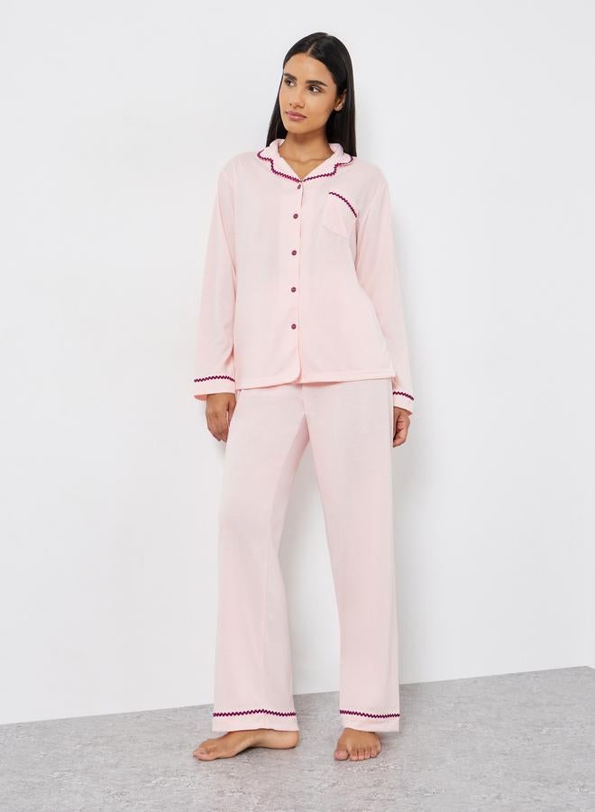 Styli Rick Rack Trim Long Sleeve Shirt and Pyjama Set - Image 2