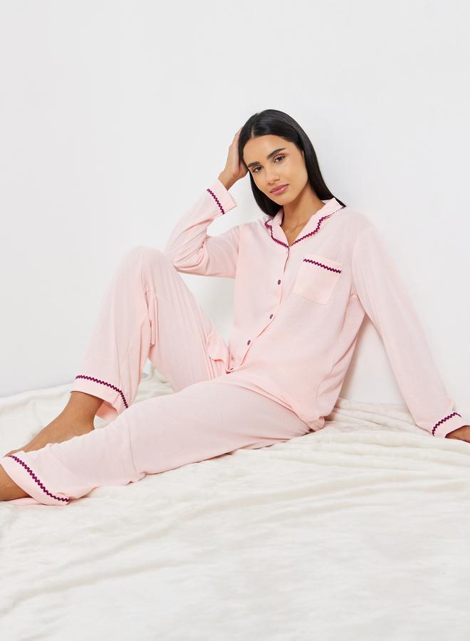 Styli Rick Rack Trim Long Sleeve Shirt and Pyjama Set - Image 1