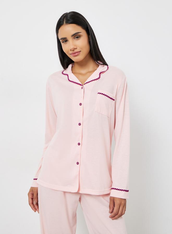 Styli Rick Rack Trim Long Sleeve Shirt and Pyjama Set - Image 3