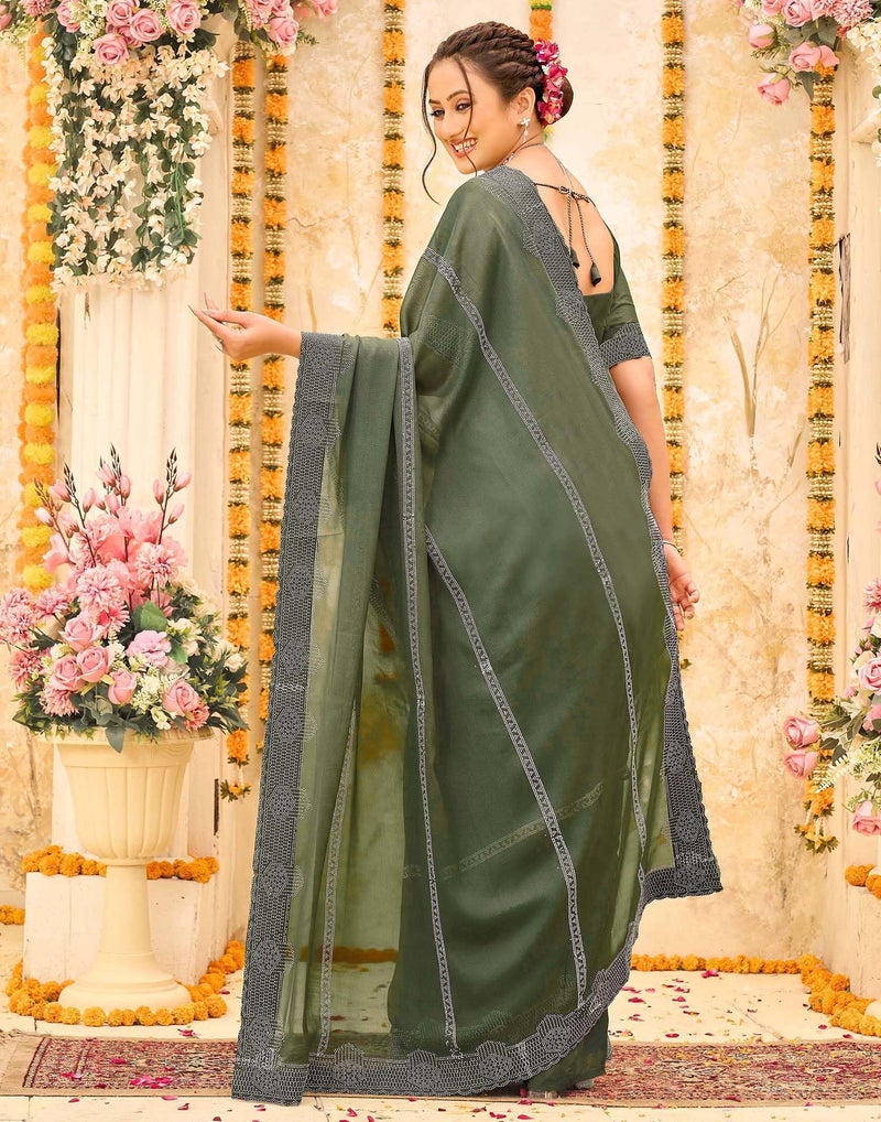 SIRIL Women's Shimmer Georgette Stone Work Scalloped Border Saree With Unstitched Blouse Piece (4886S815_Olive Green) - Image 4