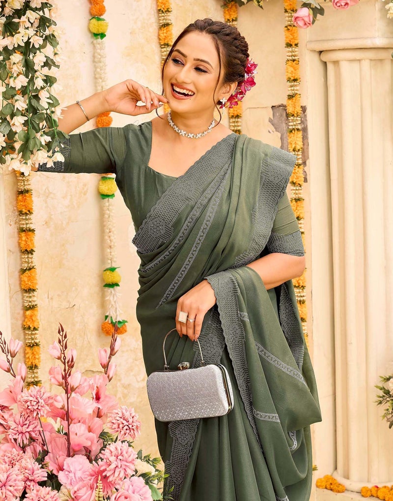 SIRIL Women's Shimmer Georgette Stone Work Scalloped Border Saree With Unstitched Blouse Piece (4886S815_Olive Green) - Image 5
