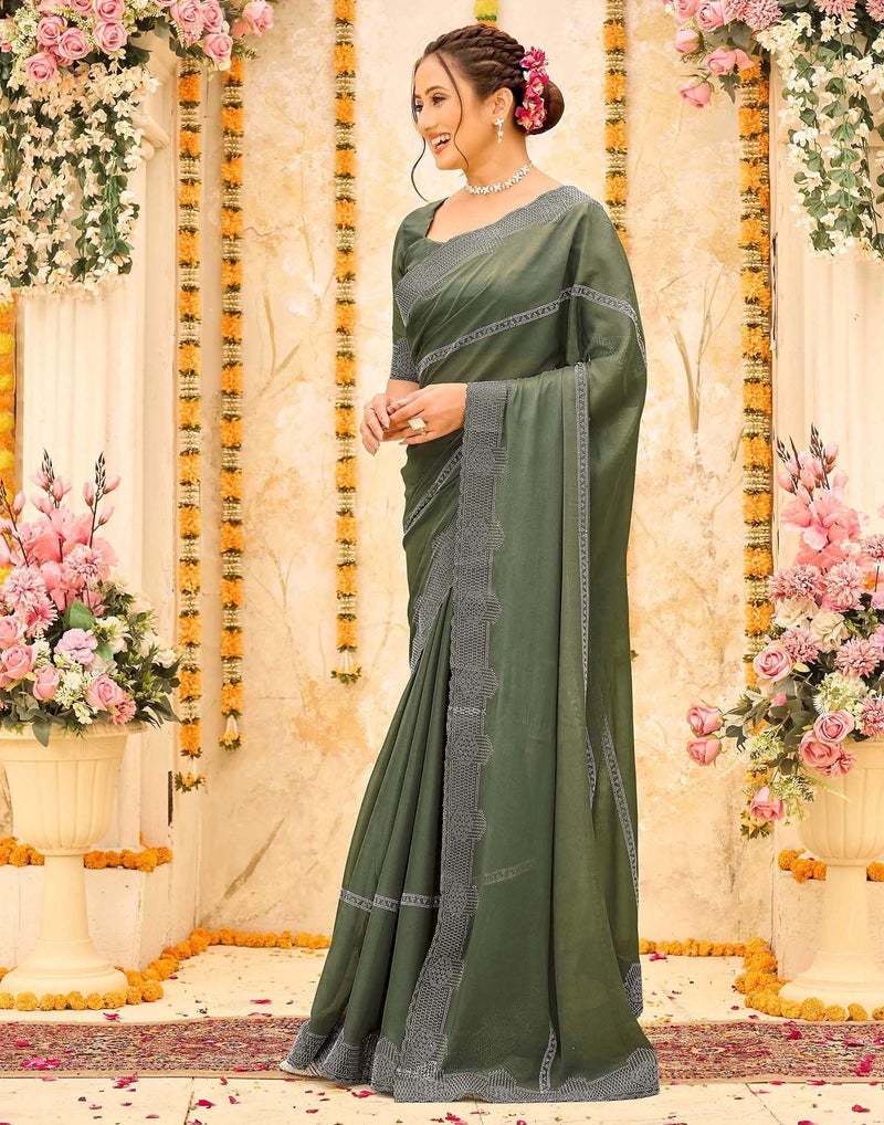 SIRIL Women's Shimmer Georgette Stone Work Scalloped Border Saree With Unstitched Blouse Piece (4886S815_Olive Green) - Image 2