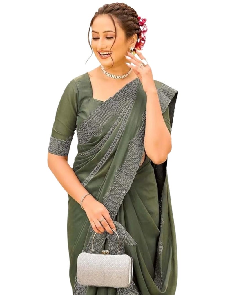 SIRIL Women's Shimmer Georgette Stone Work Scalloped Border Saree With Unstitched Blouse Piece (4886S815_Olive Green) - Image 1