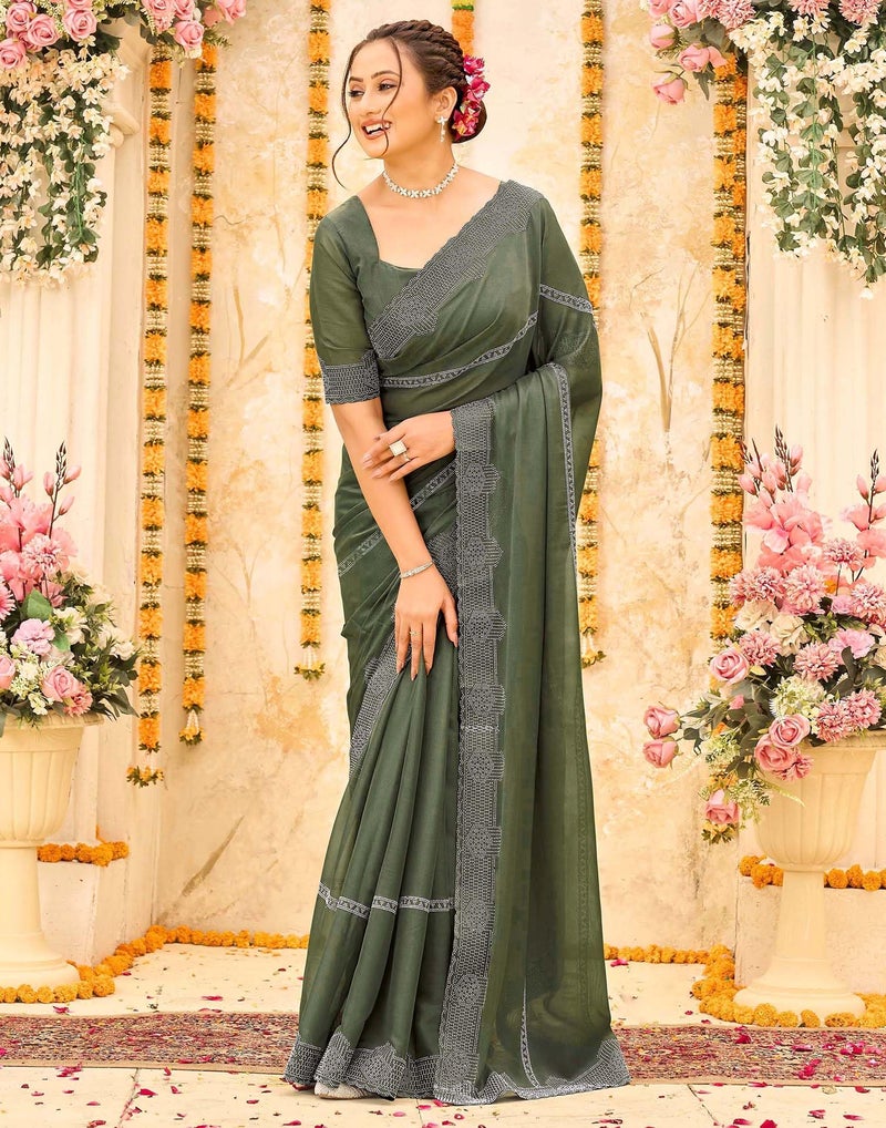 SIRIL Women's Shimmer Georgette Stone Work Scalloped Border Saree With Unstitched Blouse Piece (4886S815_Olive Green) - Image 3