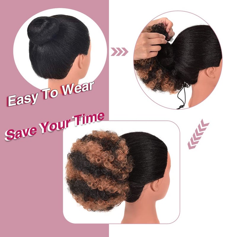 rosmile Afro Puff Drawstring Ponytail Extension for Black Women, Premium Black to Brown 80 Gram Short Synthetic Afro Puff Ponytail for Natural Hair, Clip on Kinky Drawstring Curly Ponytail Bun - Image 3