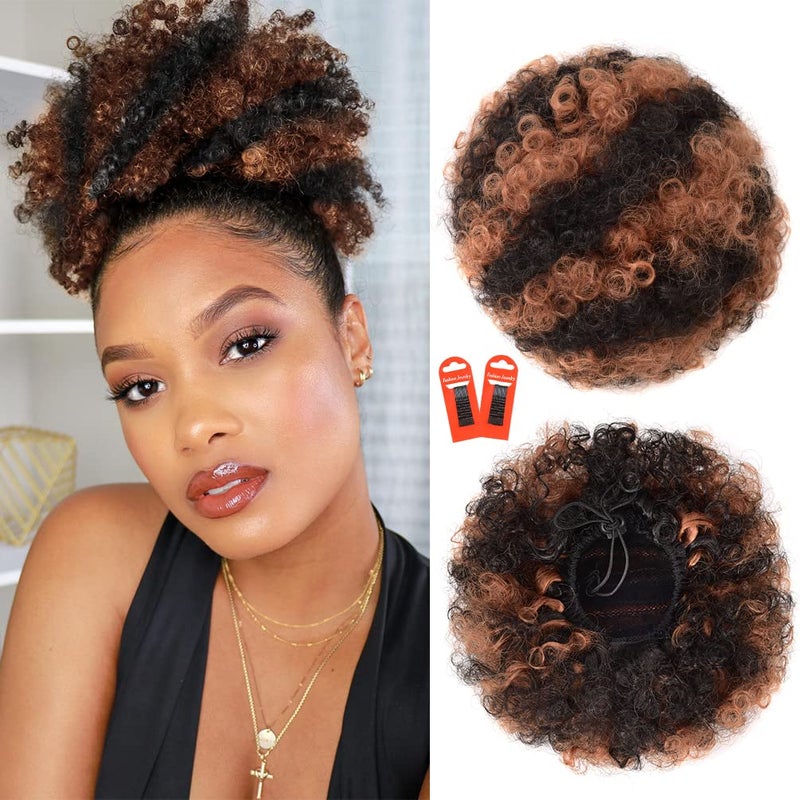 rosmile Afro Puff Drawstring Ponytail Extension for Black Women, Premium Black to Brown 80 Gram Short Synthetic Afro Puff Ponytail for Natural Hair, Clip on Kinky Drawstring Curly Ponytail Bun - Image 1