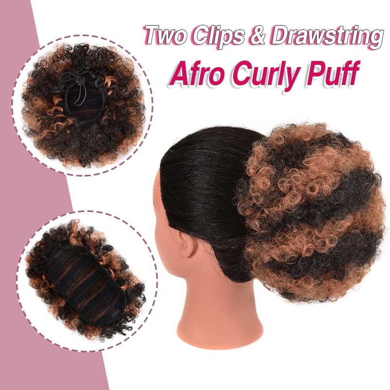 rosmile Afro Puff Drawstring Ponytail Extension for Black Women, Premium Black to Brown 80 Gram Short Synthetic Afro Puff Ponytail for Natural Hair, Clip on Kinky Drawstring Curly Ponytail Bun - Image 4