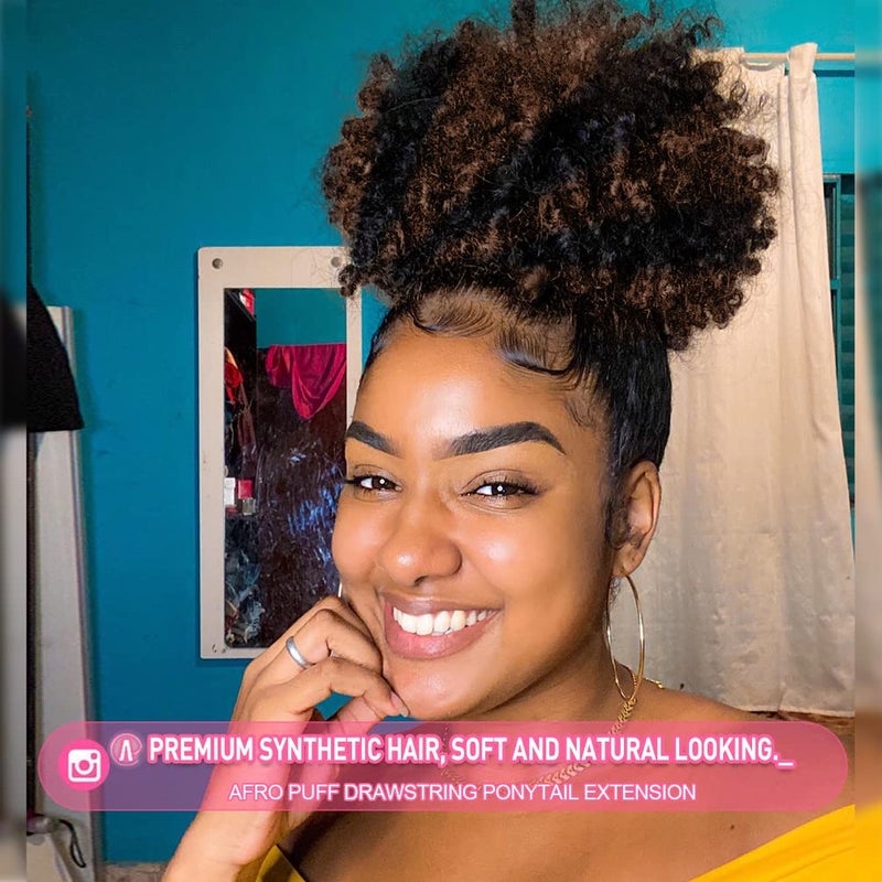 rosmile Afro Puff Drawstring Ponytail Extension for Black Women, Premium Black to Brown 80 Gram Short Synthetic Afro Puff Ponytail for Natural Hair, Clip on Kinky Drawstring Curly Ponytail Bun - Image 2