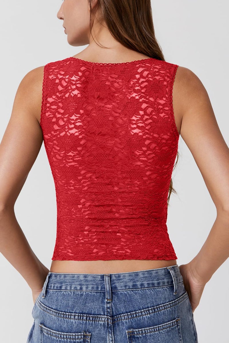 QINSEN Woman's Basic Lace Top Sleeveless Square Neck Tee Shirt Bodycon Tank Top Red XL - Image 4