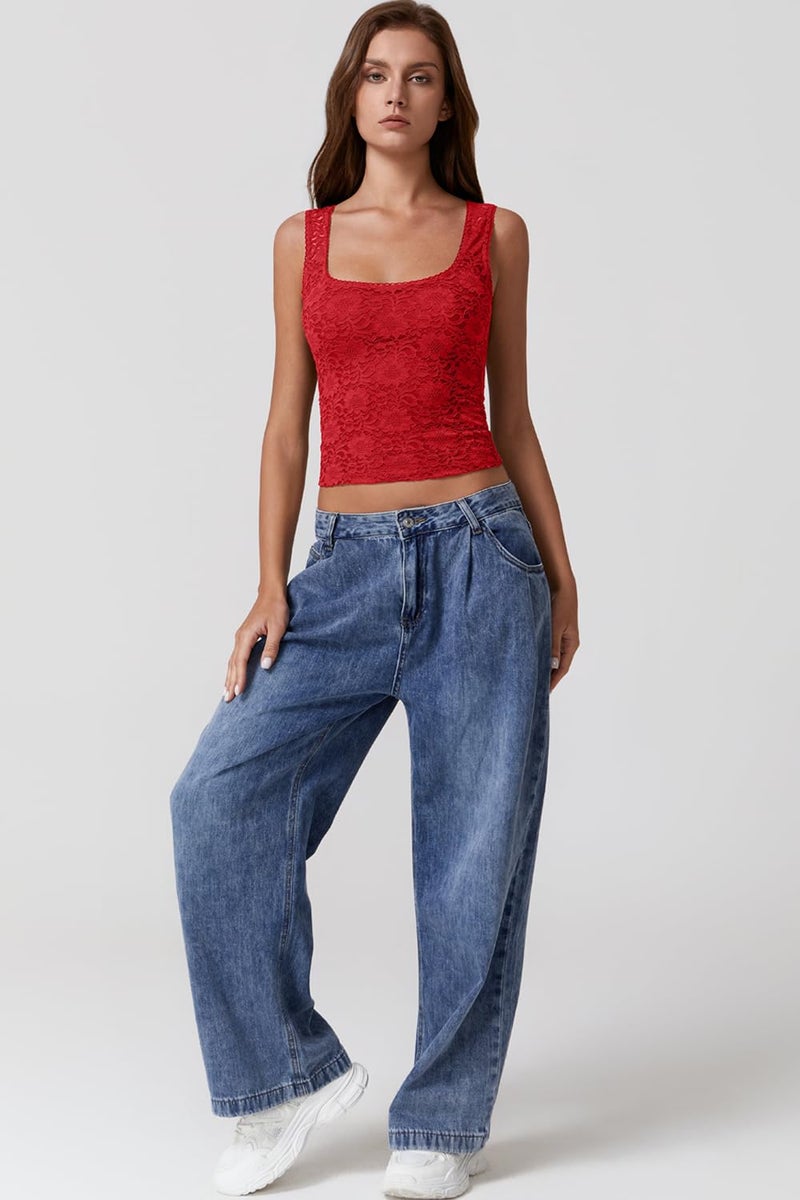 QINSEN Woman's Basic Lace Top Sleeveless Square Neck Tee Shirt Bodycon Tank Top Red XL - Image 5