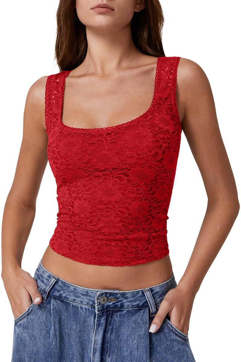 QINSEN Woman's Basic Lace Top Sleeveless Square Neck Tee Shirt Bodycon Tank Top Red XL - Image 1