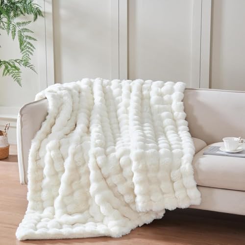 Serenhom 60x80 Inches Ultra-Soft Fuzzy Faux Fur Plush Twin Size Blanket - Thick, Warm Sherpa for Couch, Sofa, Bedroom, Camping - Decorative Blanket for Cozy Warmth, Bubble Ivory White - Image 2