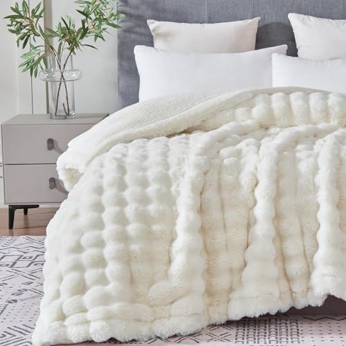 Serenhom 60x80 Inches Ultra-Soft Fuzzy Faux Fur Plush Twin Size Blanket - Thick, Warm Sherpa for Couch, Sofa, Bedroom, Camping - Decorative Blanket for Cozy Warmth, Bubble Ivory White - Image 1