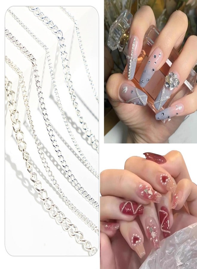 SILPECWEE 3D Nail Chains for Nail Art Silver Metal Nail Charms Metal Nail Art Chains Punk Nail Studs Nail Jewels Decor for Women Nail Art Decoration Craft - 6 Strips 7.87in - Image 2