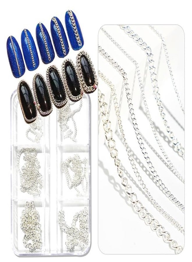 SILPECWEE 3D Nail Chains for Nail Art Silver Metal Nail Charms Metal Nail Art Chains Punk Nail Studs Nail Jewels Decor for Women Nail Art Decoration Craft - 6 Strips 7.87in - Image 1
