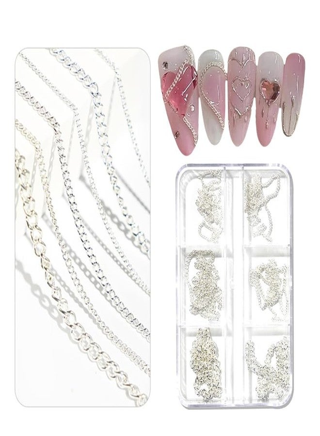 SILPECWEE 3D Nail Chains for Nail Art Silver Metal Nail Charms Metal Nail Art Chains Punk Nail Studs Nail Jewels Decor for Women Nail Art Decoration Craft - 6 Strips 7.87in - Image 4
