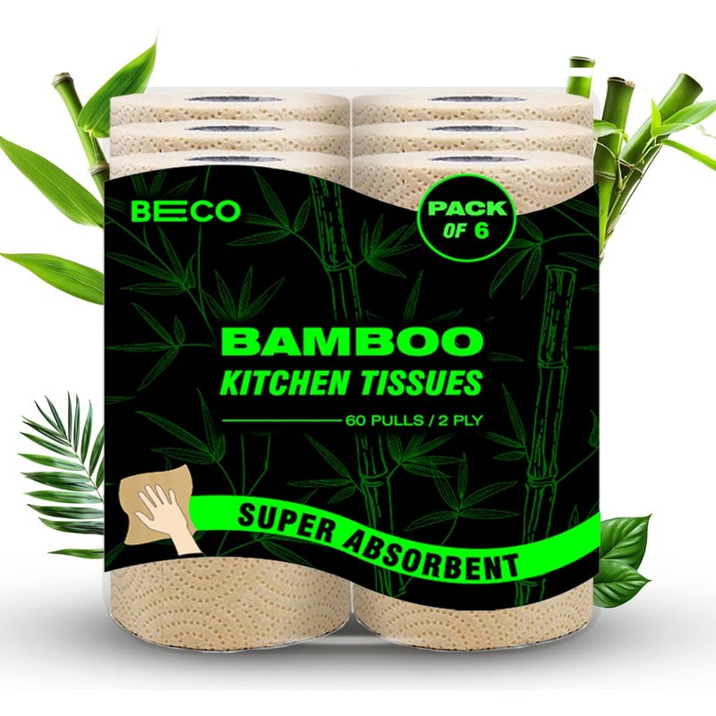 BECO - 2 Ply Kitchen Towel Rolls | 360 Pull (60 pulls x 6 roll) | Super Absorbent |100% Ecofriendly- Pure Bamboo Pulp | Chemical Free Paper Tissue| Pack of 6 - Image 1