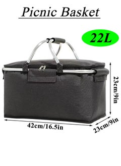 Qiccijoo Qiccijoo Picnic Basket 22L Portable Collapsible Cooler Bag Grocery Bag Shopping Basket with Aluminium Handles for Shopping, Travel, Camping (Black)  - Image 2