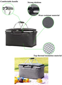 Qiccijoo Qiccijoo Picnic Basket 22L Portable Collapsible Cooler Bag Grocery Bag Shopping Basket with Aluminium Handles for Shopping, Travel, Camping (Black)  - Image 3