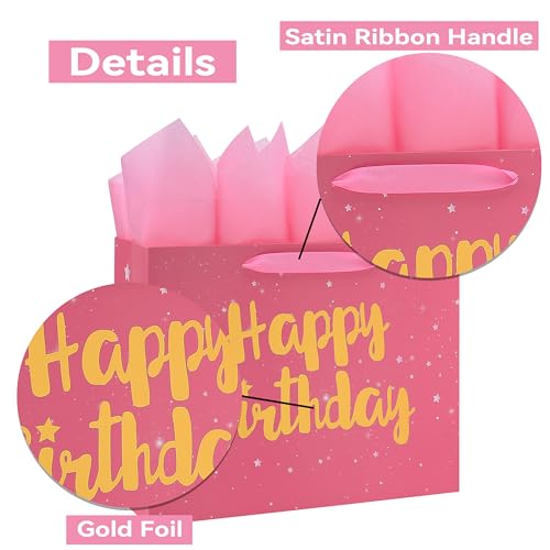 Qirrmiy 13" Large Pink Gift Bag Set with Greeting Card and Tissue Papers (Stars and Gold Foil ‘Happy Birthday’) for Women's Party, Girls' or Kids' Birthday Parties, Baby Girl, Baby Shower - 13”x5.2”x10.2”, 1 Pcs. - Image 4