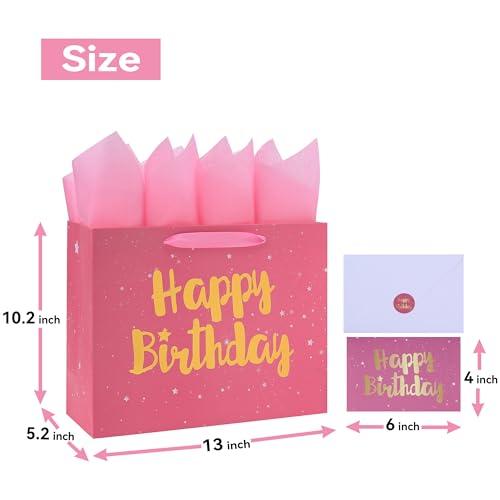 Qirrmiy 13" Large Pink Gift Bag Set with Greeting Card and Tissue Papers (Stars and Gold Foil ‘Happy Birthday’) for Women's Party, Girls' or Kids' Birthday Parties, Baby Girl, Baby Shower - 13”x5.2”x10.2”, 1 Pcs. - Image 2