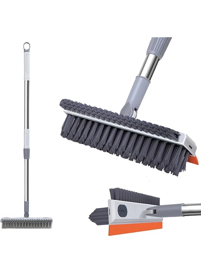 PROMASS Floor Scrub Brush with Long Handle, 3 in 1 Stiff Shower Scrubber with Disinfectant Storage, Squeegee and 180° Swivel Heads, Scalable Crevice Cleaning Brush for Baseboard, Garage, Kitchen, Tub, White - Image 1