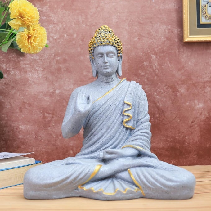 POLYMARBLE BIG BUDDHA STATUES FOR LIVING ROOMLORD BUDH FIGURINEIDOLSTATUE GIFT ITEMS SHOWPIECE FOR HOME DECOR OFFICE 14 INCH GREY