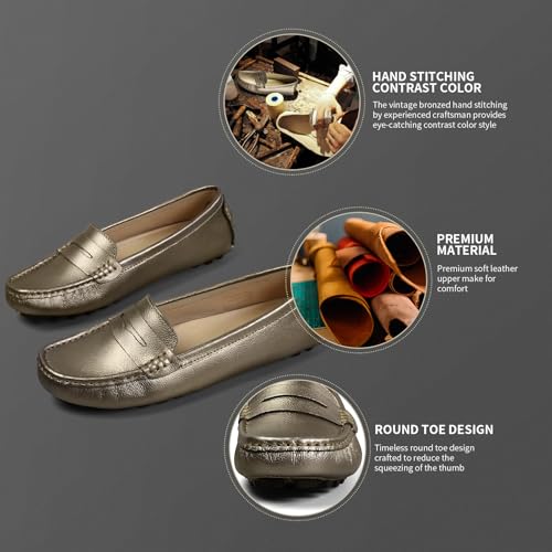 Artisure Women's Classic Handsewn Metallic Champagne Genuine Leather Penny Loafers Driving Moccasins Casual Boat Shoes Slip On Fashion Office Comfort Flats 6 M US SKS-1221XBJ060 - Image 3
