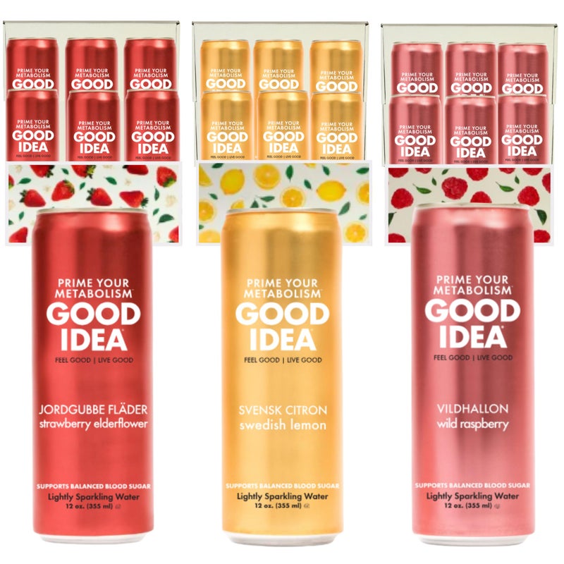 GOOD IDEA Sparkling Water - Supports Metabolism, Balances Blood Sugar, Boosts GLP-1 Naturally - Science-Backed Functional Beverage - No Caffeine, No Sugar - Swedish Signature Variety Pack (18 Cans, 3 Flavors, 12 oz) - Image 1