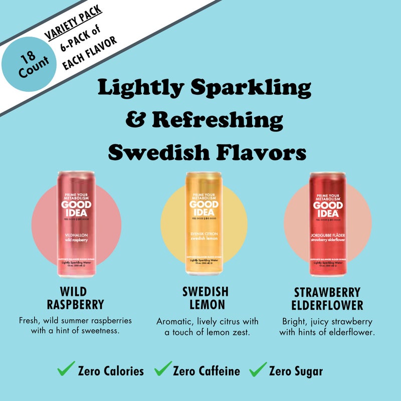 GOOD IDEA Sparkling Water - Supports Metabolism, Balances Blood Sugar, Boosts GLP-1 Naturally - Science-Backed Functional Beverage - No Caffeine, No Sugar - Swedish Signature Variety Pack (18 Cans, 3 Flavors, 12 oz) - Image 4
