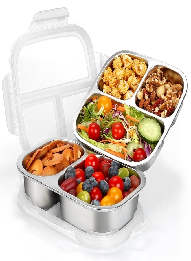 DUNPUTE Stainless Steel Snack Containers with Lids, 2 Pack Stainless Steel Bento Box, Metal Lunch Box with 3 & 2 Compartments, Food Storage for Snacks, Fruit, Sauce, Dishwasher Safe for Travel - Image 1